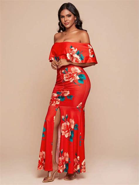 Shein Sxy Floral Print Off Shoulder Ruched Mermaid Hem Dress Shein Usa