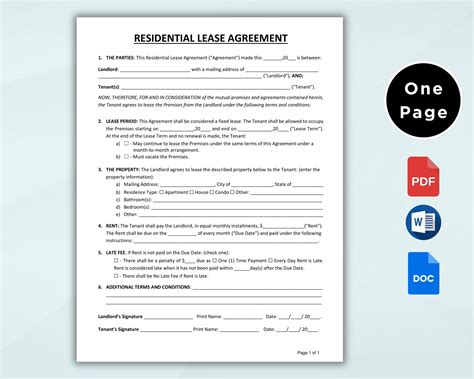 Rental Agreement Template Editable. Simple One Page Lease Agreement