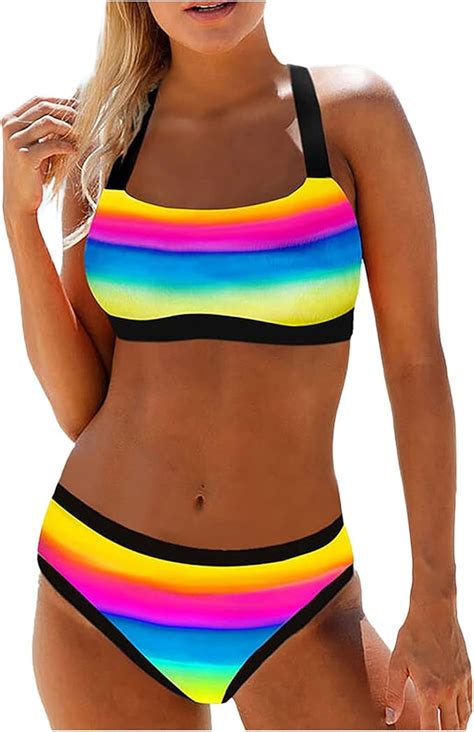 Regenbogen Bikini Sets Bademode Damen Zweiteilig Push Up Tanga Mit Niedriger Taille Badeanzug