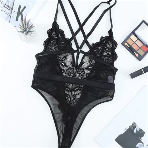 Unbranded Intimates Sleepwear Black Lace Plunge High Leg Lingerie Bodysuit Teddy Lingerie