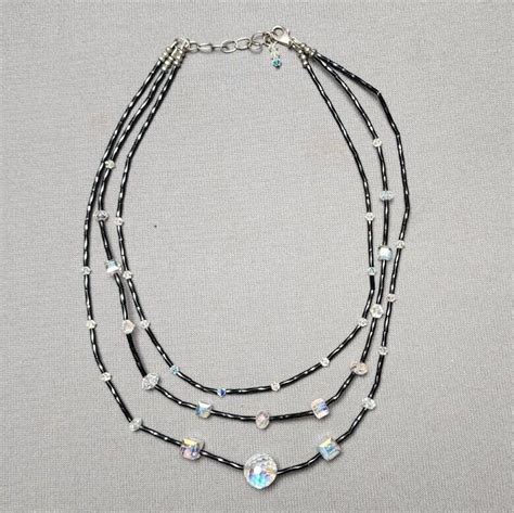 Vintage Aurora Borealis Faceted Crystals Three Strand Beaded Necklace 1618 Sterling Silver