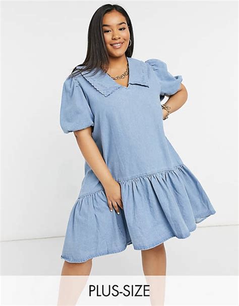 Neon Rose Plus Mini Smock Dress With Bib Collar In Denim Asos