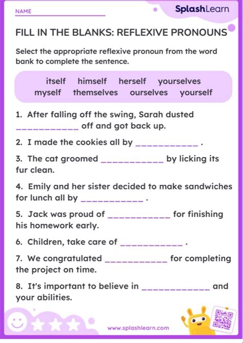 Fill In The Blanks Reflexive Pronouns Printable Ela Worksheet