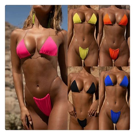 Micro Mini Women Bikini Halter Push Up Bra Thong Set Beachwear Swimwear