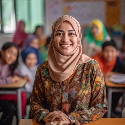 Premium Ai Image A Girl With A Hijab On Her Head Sits In Front Of Her