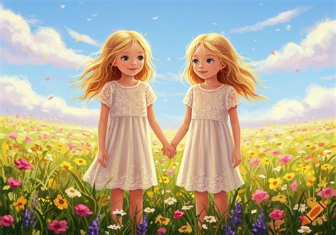 Two Smiling Girls With Blonde Hair Embrace In A Vibrant Sunflower Field Under A Sunny Blue Sky