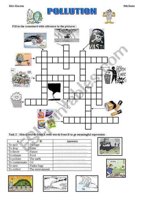 It A Useful Worksheet To Deal With Pollution It Contains A Crossword A Matching Exercise An