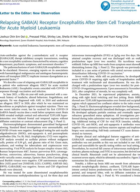 Relapsing Gabaa Receptor Encephalitis After Stem Cell Transplant For Acute Myeloid Leukaemia