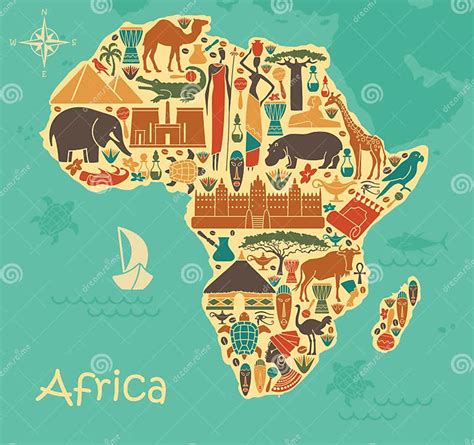 Traditional Symbols Of Africa In The Form Of A Stilized Map Stock Vector Illustration Of Drum