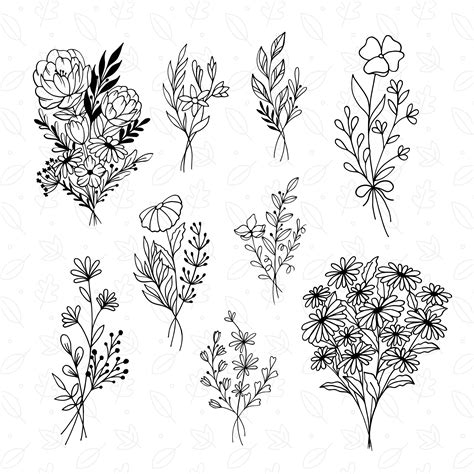 50 Flower Bouquet Svg Bundle Hand Drawn Wildflower Svg File Etsy