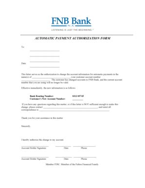 Fillable Online AUTOMATIC PAYMENT AUTHORIZATION FORM FNB Bank NA Fax