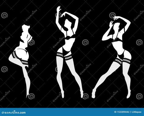 Set Of Women Silhouettes In Underwear Club Burlesque Performer Dancer