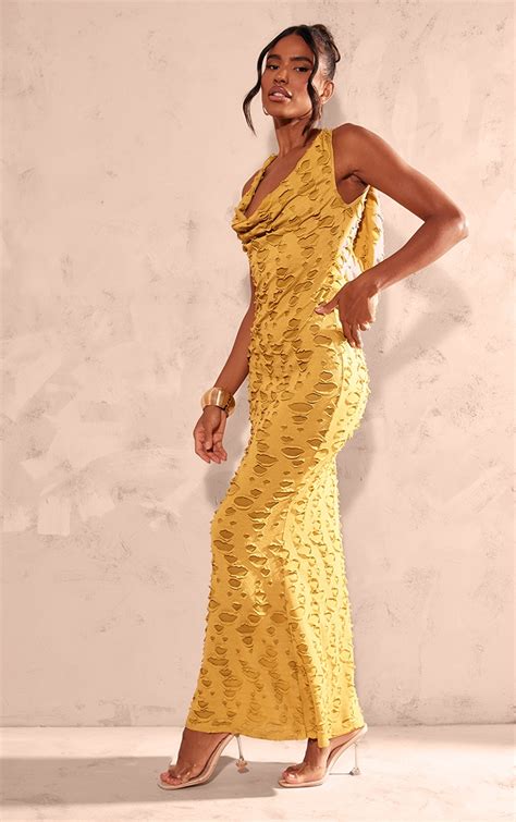 Chartreuse Woven Textured Cowl Neck Maxi Dress Dresses