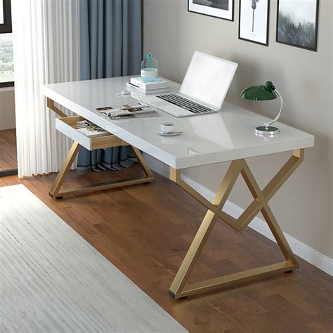 Modern Rectangular White Writing Desk Metal Base Wooden Home Office