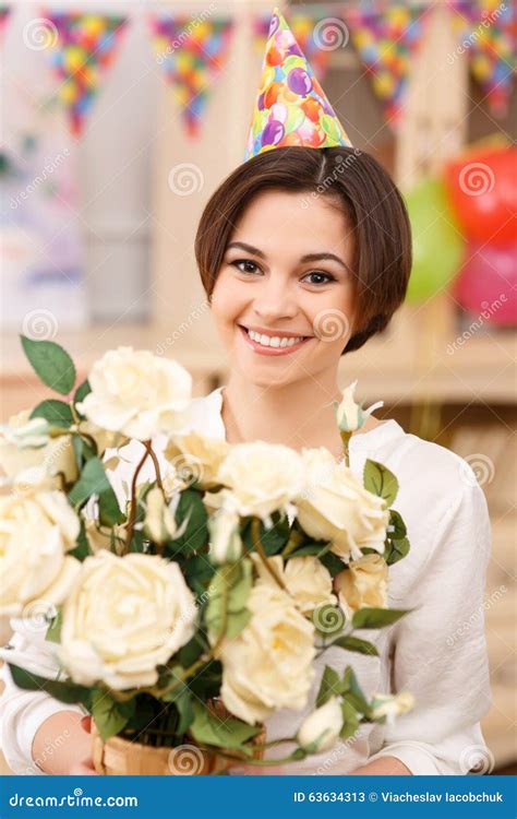 Young Girl Holding A Flower Bouquet Stock Image Image Of Room