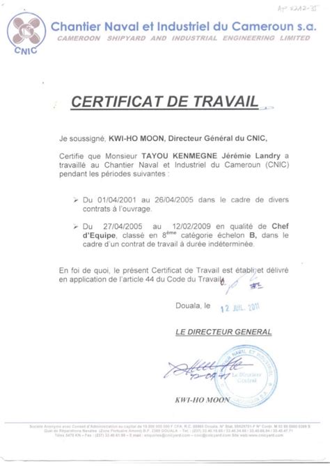 Certificat De Travail Cnic