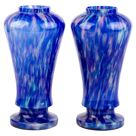 Pair Of Mid Century Italian Murano Venetian Splatter Blue Glass Baluster Vases For Sale At 1stdibs