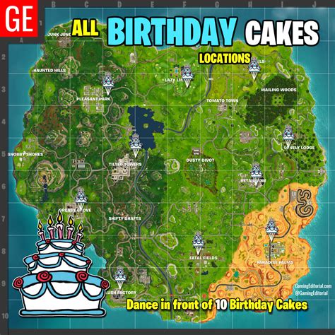 Fortnite All Locations Map Dance At Different Birthday Cakes Challenge