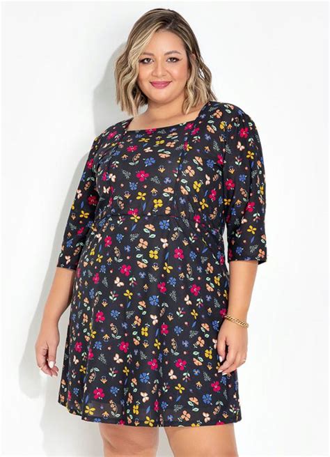 Vestido Floral Preto Plus Size Decote Quadrado Queima De Estoque