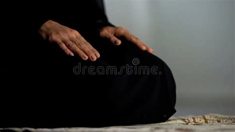 Woman In Traditional Black Hijab Kneeling On Prayer Mat Mosque Islamic