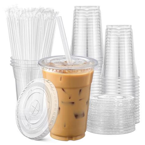 Aozita 100 Sets 20 Oz Clear Plastic Cups With Lids And Straws