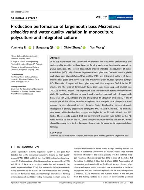 PDF Production Performance Of Largemouth Bass Micropterus Salmoides