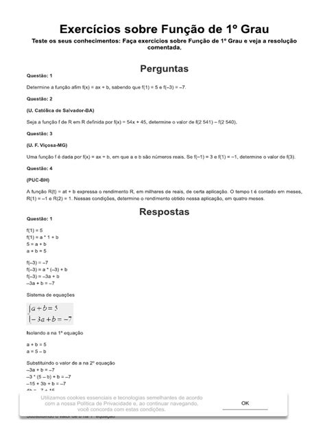 Exercícios Sobre Função de 1º Grau - Brasil Escola | PDF