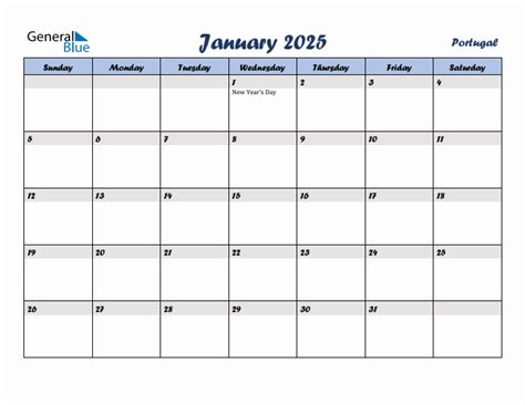 January 2025 Monthly Calendar Template with Holidays for Portugal