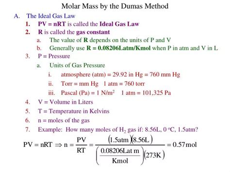 PPT Molar Mass By The Dumas Method A The Ideal Gas Law PV NRT Is