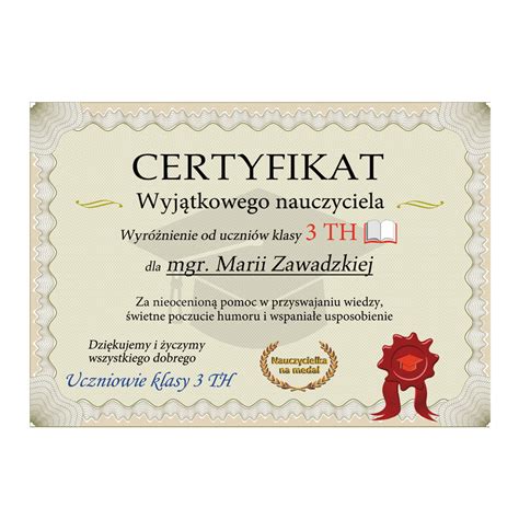 Certyfikat Wyjątkowego nauczyciela prezent dla nauczycieli