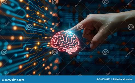 Human Hand Touching A Holographic Brain Interfacing With A Robotic Arm