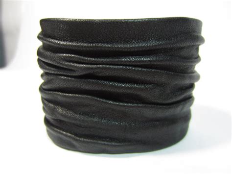 Mens Black Leather Cuff Bracelets Wristbands Crushed Sculpted Italian