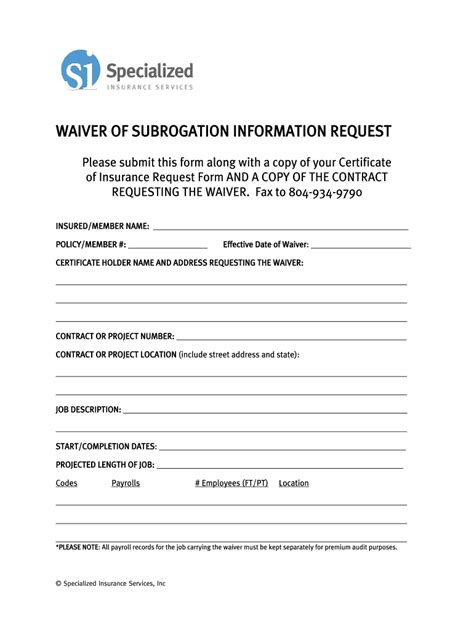 Waiver Of Subrogation Form Fill Online Printable Fillable Blank