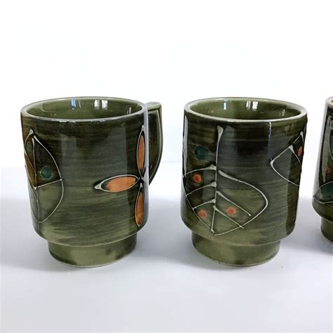 Vintage Otagiri Style Dark Green Ceramic Mugs C S Etsy