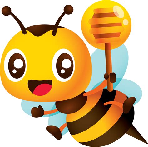 Free Cartoon cute bee holding honey dipper with honey dripping. Happy ...