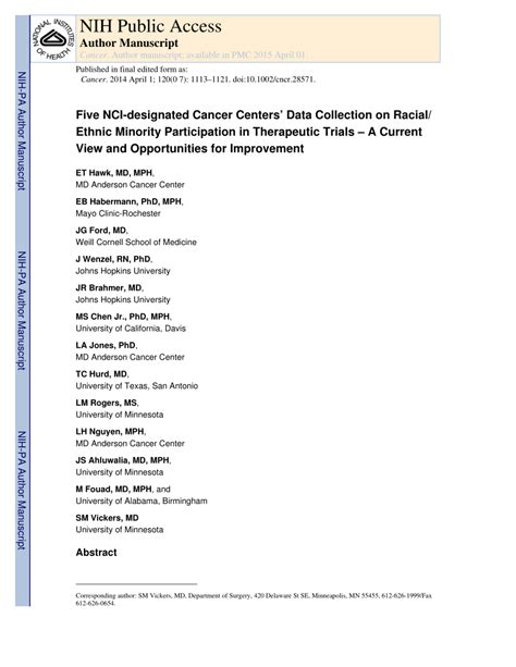 Pdf Five National Cancer Institute Designated Cancer Centers Data