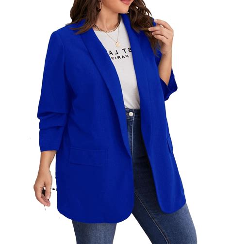 Elegant Plain Shawl Collar 3 4 Sleeve Royal Blue Plus Size Blazers