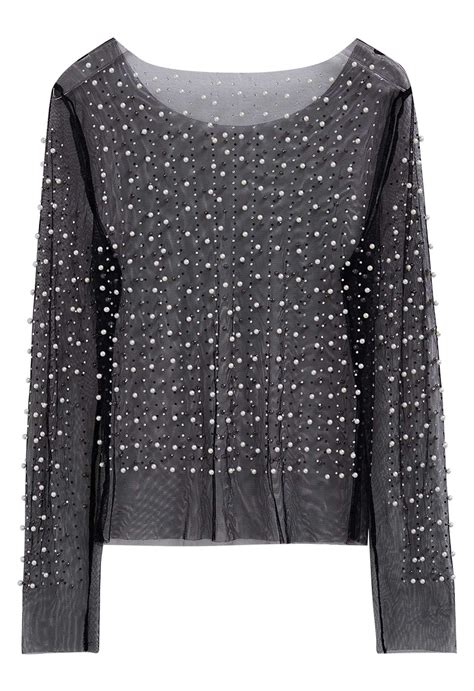 Full Pearl Embellished Sheer Mesh Top In Black Retro Indie And