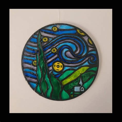 Starry Night Van Gogh Suncatcher Hand Painted Stained Glass Etsy