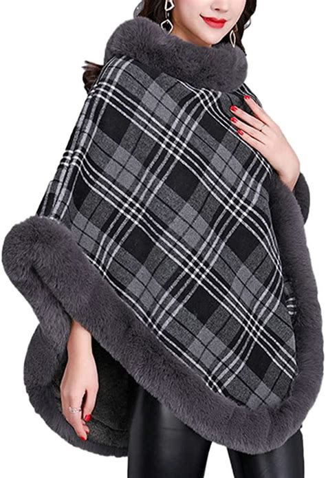 Pikadingnis Women Faux Fur Poncho Shawls Thick Fluffy Plush Cardigan