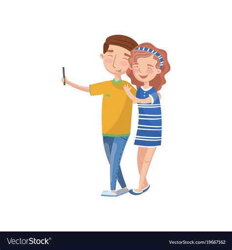 Happy Couple In Love Making Selfie Photo Cartoon Vector Image