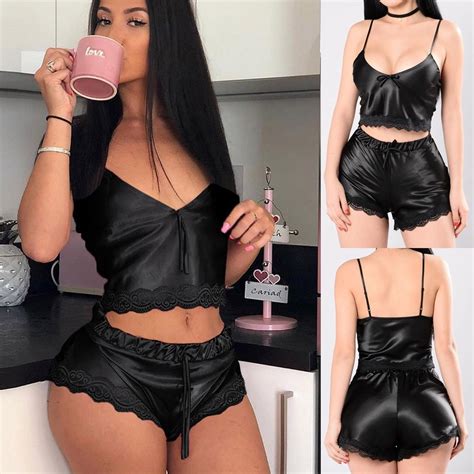Sexy Satin Two Pieces Trim Silk Camisole Sleepwear Custom Pajamas Lingerie Sexy Lingerie And