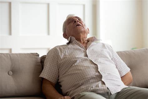 Exhausted Elderly Man Fall Asleep On Couch At Home Stock Image Image