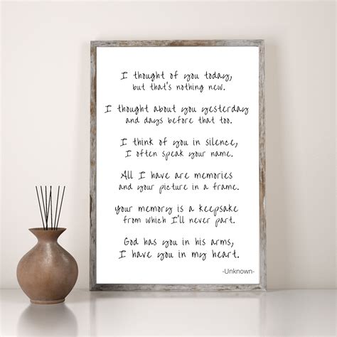 I Thought Of You Today Grief Quote Poem Printable Wall Art Digital