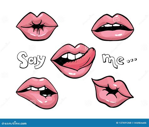 Lips Patch Collection Vector Isolated Doodle Womans Lips Expressing