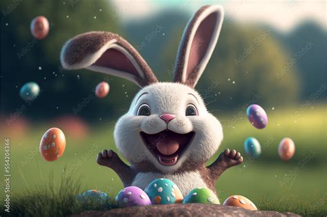 Running Happy Easter Bunny With Eggs Flying Everywhere Created By