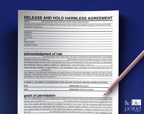 Printable Release And Hold Harmless Agreement Etsy