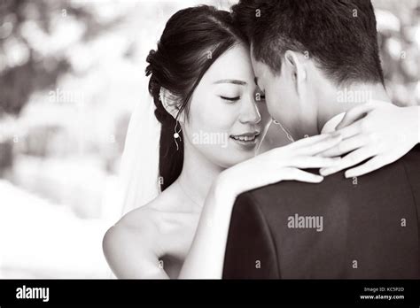 close-up portrait of intimate wedding couple, black and white Stock ...