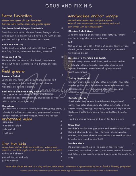 Menu – Heavenly Harvest Café and Boutique Inn