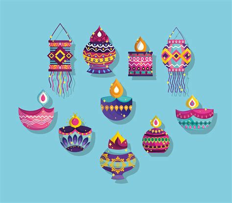 Happy Diwali Festival Collection Icons Diya Lamps Lanterns Ornaments